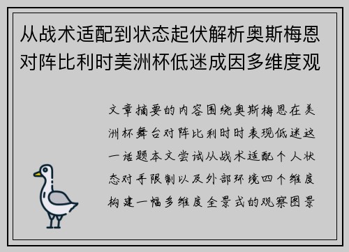 从战术适配到状态起伏解析奥斯梅恩对阵比利时美洲杯低迷成因多维度观察全景